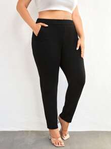 SHEIN Cottnline Plus Solid Slant Pocket Pants - Black - View 5
