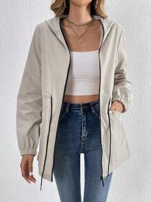 SHEIN Tall 腰部抽繩拉鏈開襟連帽夾克 - 杏色 - 查看 3