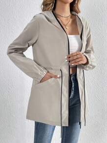 SHEIN Tall 腰部抽繩拉鏈開襟連帽夾克 - 杏色 - 查看 5