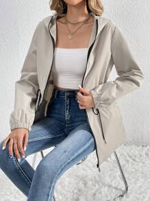 SHEIN Tall 腰部抽繩拉鏈開襟連帽夾克 - 杏色 - 查看 6