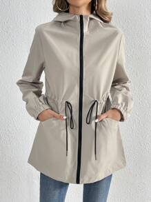 SHEIN Tall 腰部抽繩拉鏈開襟連帽夾克 - 杏色 - 查看 7