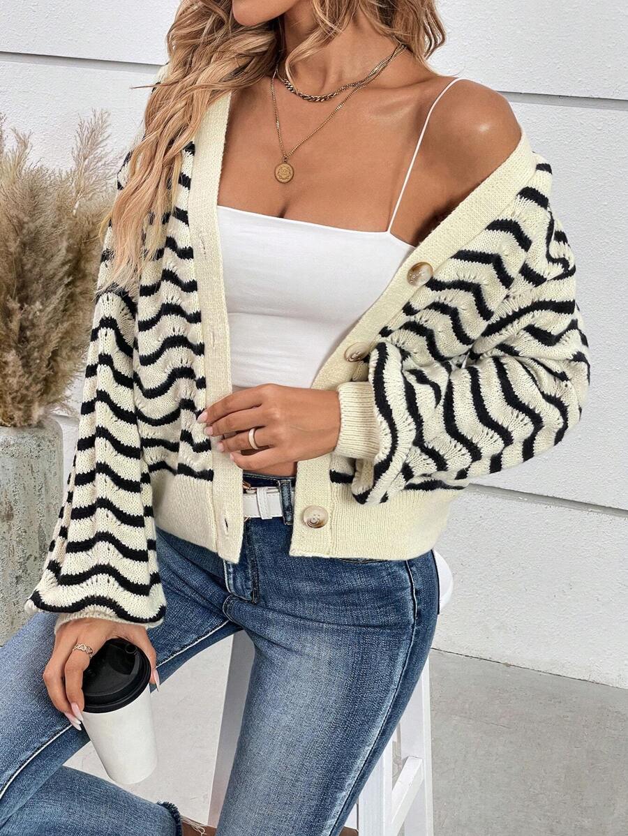 SHEIN LUNE 波浪條紋圖案落肩袖開襟衫 - 彩色 - 查看 1