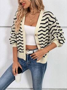 SHEIN LUNE 波浪條紋圖案落肩袖開襟衫 - 彩色 - 查看 3