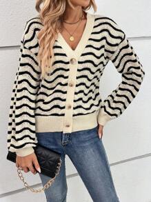 SHEIN LUNE 波浪條紋圖案落肩袖開襟衫 - 彩色 - 查看 4