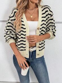 SHEIN LUNE 波浪條紋圖案落肩袖開襟衫 - 彩色 - 查看 5