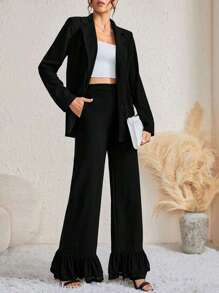 SHEIN Tall 西裝領單排釦西裝外套&荷葉邊長褲 - 黑色 - 查看 3