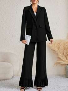 SHEIN Tall 西裝領單排釦西裝外套&荷葉邊長褲 - 黑色 - 查看 4