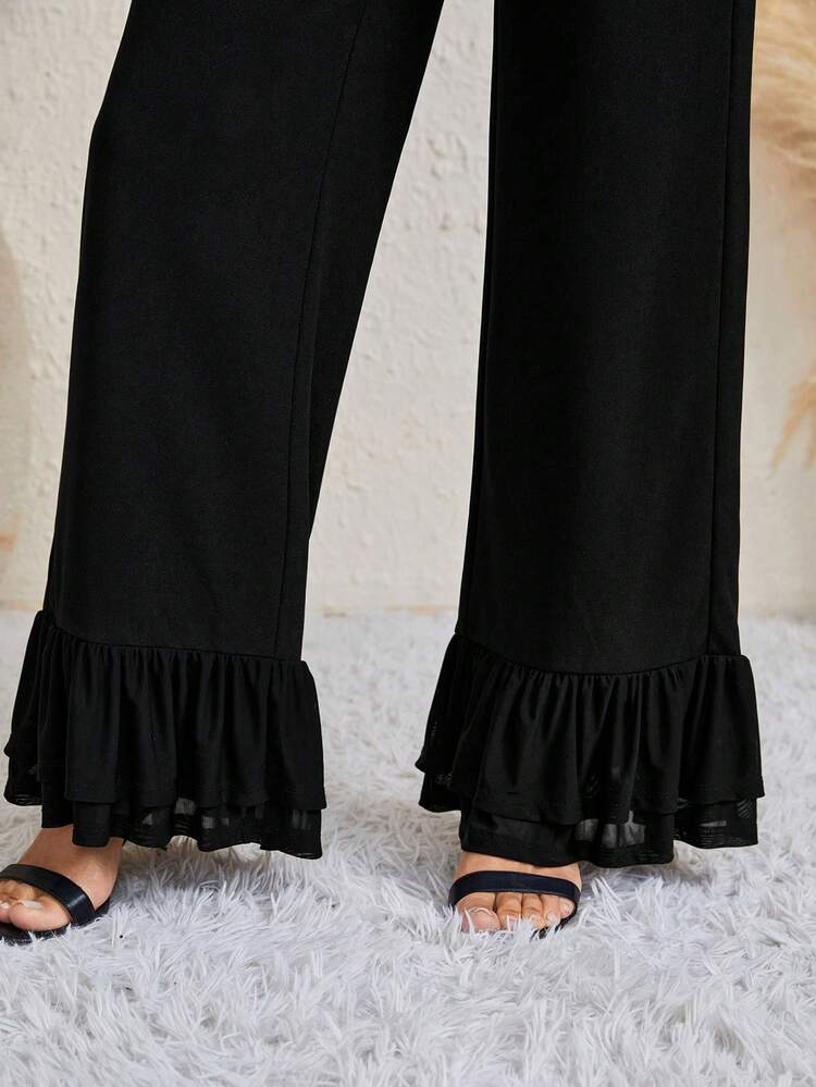 Lapel Neck Single Breasted Blazer & Ruffle Hem Pants