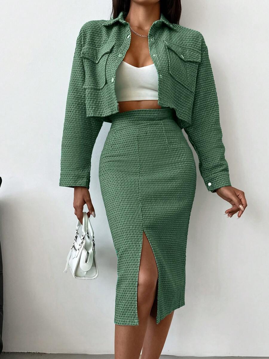 EURMUSE Flap Pocket Crop Jacket & Split Thigh Skirt - Green - View 1