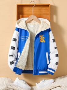 SHEIN Tween Boy Slogan Graphic Colorblock Thermal Lined Hooded Jacket