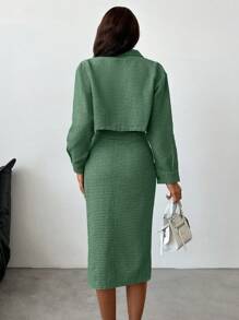 EURMUSE Flap Pocket Crop Jacket & Split Thigh Skirt - Green - View 2