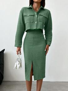EURMUSE Flap Pocket Crop Jacket & Split Thigh Skirt - Green - View 3
