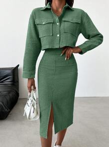 EURMUSE Flap Pocket Crop Jacket & Split Thigh Skirt - Green - View 5