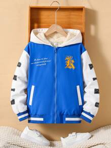 SHEIN Tween Boy Slogan Graphic Colorblock Thermal Lined Hooded Jacket