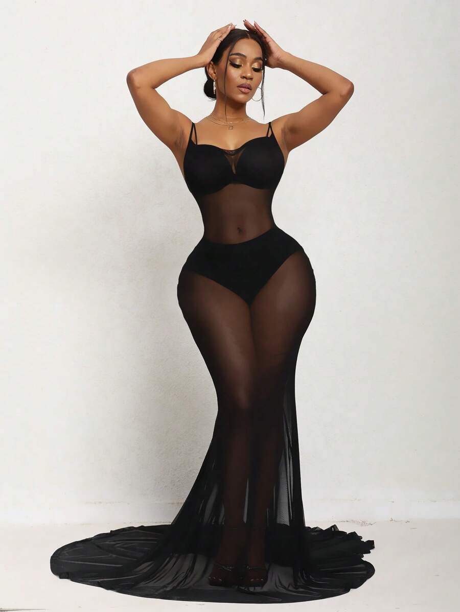 SHEIN Unity Chất rắn Lớp phủ lưới Váy Dây Không có bộ đồ lót - màu đen - Xem 1