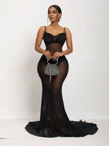 SHEIN Unity Chất rắn Lớp phủ lưới Váy Dây Không có bộ đồ lót - màu đen - Xem 3