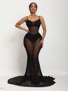 SHEIN Unity Chất rắn Lớp phủ lưới Váy Dây Không có bộ đồ lót - màu đen - Xem 4