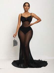 SHEIN Unity Chất rắn Lớp phủ lưới Váy Dây Không có bộ đồ lót - màu đen - Xem 5