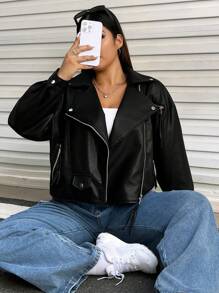 SHEIN EZwear 大碼拉鏈開襟落肩袖PU皮革機車夾克 - 黑色 - 查看 3