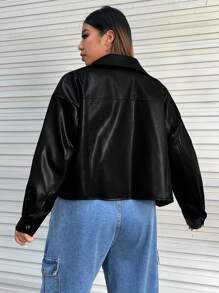 SHEIN EZwear 大碼拉鏈開襟落肩袖PU皮革機車夾克 - 黑色 - 查看 2