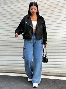 SHEIN EZwear 大碼拉鏈開襟落肩袖PU皮革機車夾克 - 黑色 - 查看 4