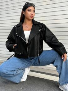 SHEIN EZwear 大碼拉鏈開襟落肩袖PU皮革機車夾克 - 黑色 - 查看 1