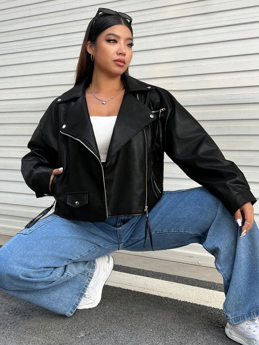 SHEIN EZwear 大碼拉鏈開襟落肩袖PU皮革機車夾克 - 黑色 - 查看 1