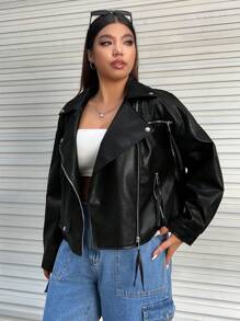SHEIN EZwear 大碼拉鏈開襟落肩袖PU皮革機車夾克 - 黑色 - 查看 5