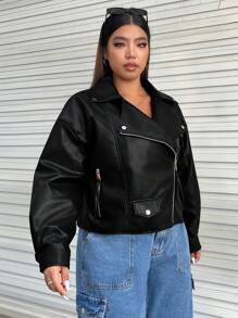 SHEIN EZwear 大碼拉鏈開襟落肩袖PU皮革機車夾克 - 黑色 - 查看 7