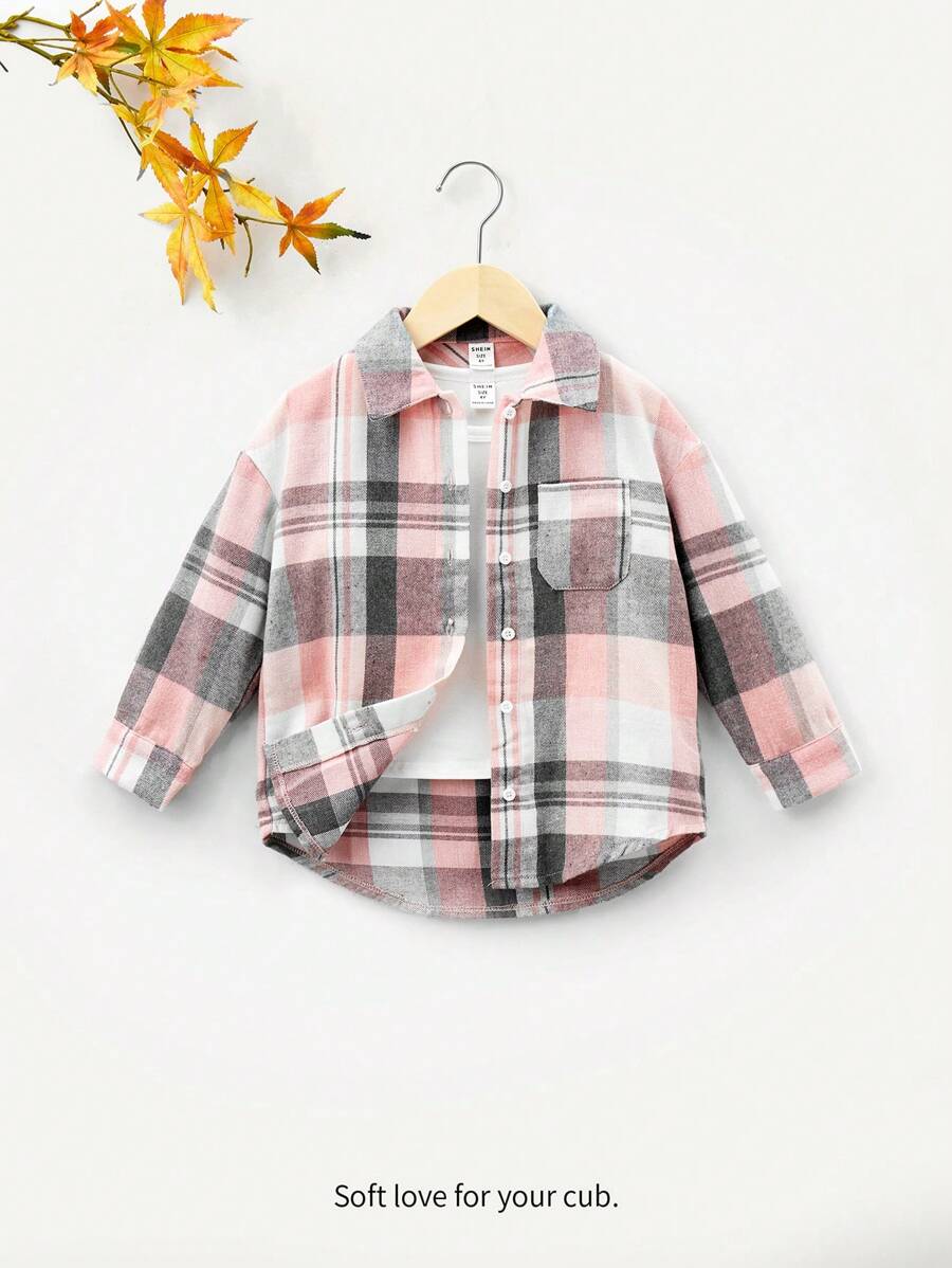 SHEIN 女小童格紋印花口袋貼布襯衫不帶T恤 - 彩色 - 查看 1