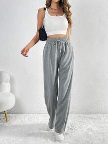 SHEIN Tall Eo dây rút quần ống rộng Quần thể thao - Xám - Xem 3