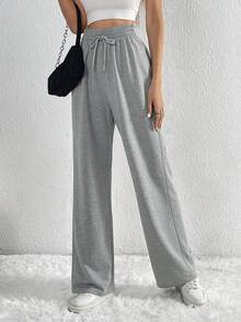 SHEIN Tall Eo dây rút quần ống rộng Quần thể thao - Xám - Xem 4