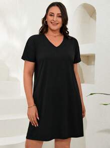 EURMUSE Plus Solid V Neck Tee Dress - Black - View 1