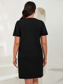 EURMUSE Plus Solid V Neck Tee Dress - Black - View 2