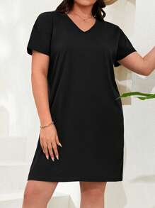 EURMUSE Plus Solid V Neck Tee Dress - Black - View 4