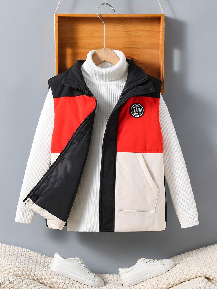 Tween Boy 1pc Colorblock Letter Patched Detail Zipper Vest Padded Coat