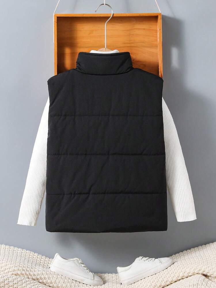 Tween Boy 1pc Colorblock Letter Patched Detail Zipper Vest Padded Coat