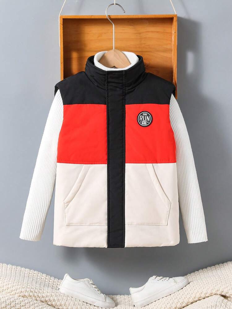 Tween Boy 1pc Colorblock Letter Patched Detail Zipper Vest Padded Coat