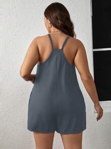 SHEIN LUNE 大碼素色斜口袋吊帶連體短褲 - 霧霾藍 - 查看 2