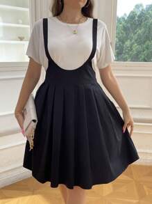 Flirla Plus Solid Pleated Hem Overall Dress Without Tee - Black - View 1
