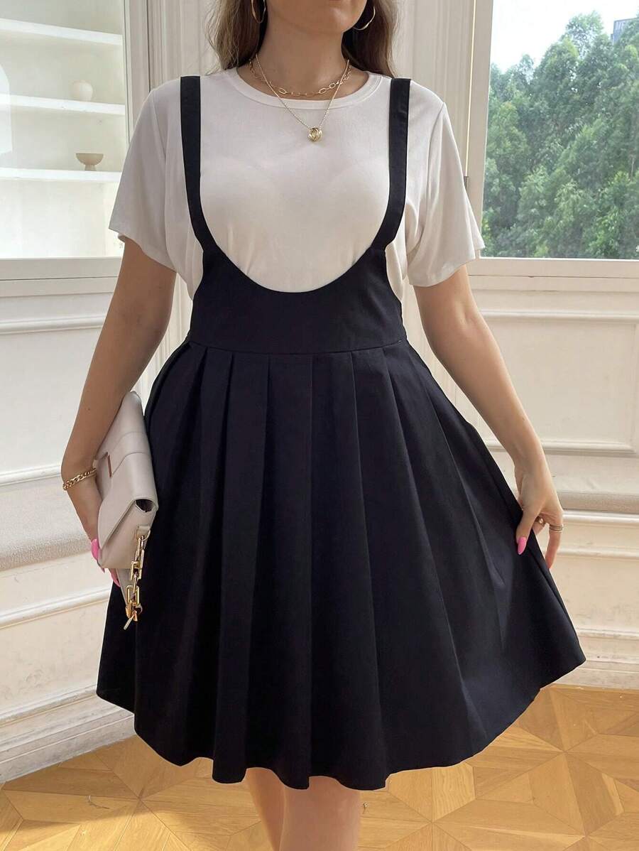 Flirla Plus Solid Pleated Hem Overall Dress Without Tee - Black - View 1