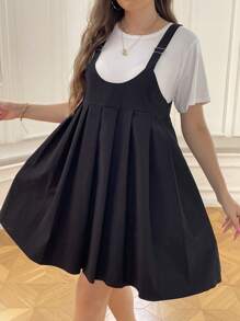 Flirla Plus Solid Pleated Hem Overall Dress Without Tee - Black - View 3