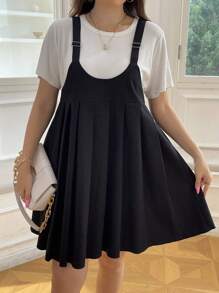 Flirla Plus Solid Pleated Hem Overall Dress Without Tee - Black - View 4