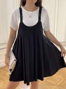 Flirla Plus Solid Pleated Hem Overall Dress Without Tee - Black - View 5