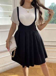 Flirla Plus Solid Pleated Hem Overall Dress Without Tee - Black - View 6