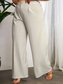 RueChic Plus Striped Print Wide Leg Trousers - White - View 1