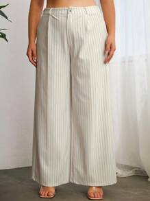 RueChic Plus Striped Print Wide Leg Trousers - White - View 3