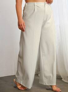 RueChic Plus Striped Print Wide Leg Trousers - White - View 4