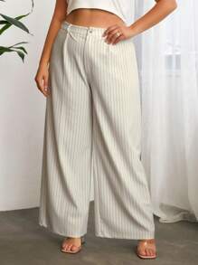 RueChic Plus Striped Print Wide Leg Trousers - White - View 5