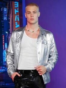 FeverCity Men Flap Detail Metallic Jacket - Silver - View 1